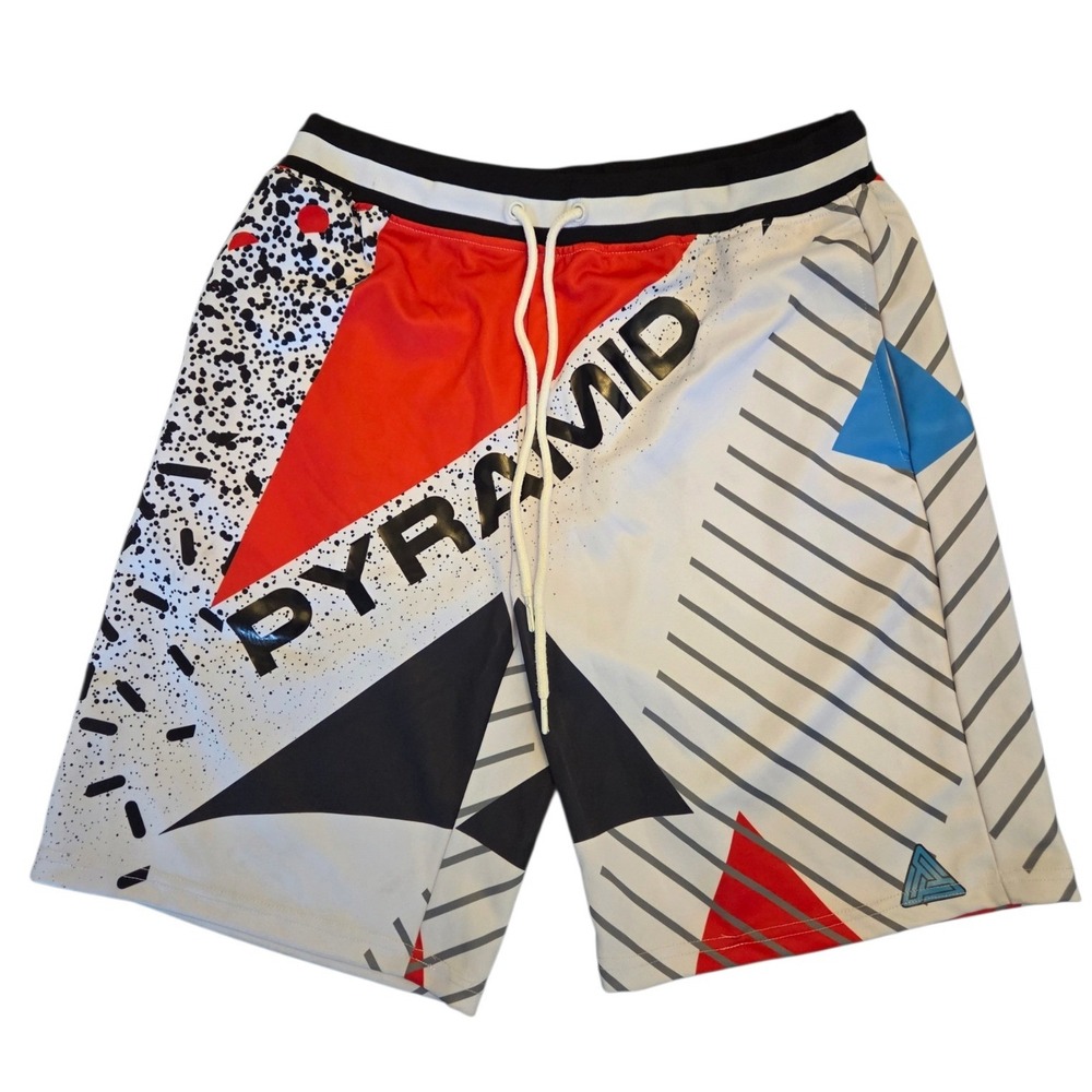 Black Pyramid Mens Geometric Retro Splatter Mesh Athletic Shorts White Large